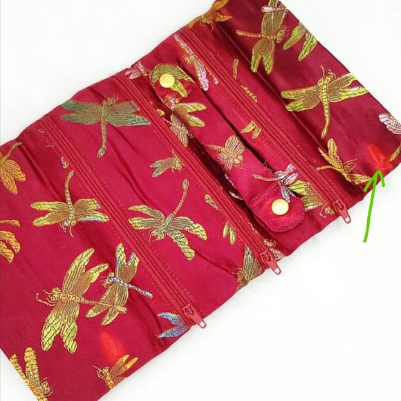 Red Brocade Jewelry Organizer Roll Bag Travel Jewel Pouch Woven Dragonfly Large - Picture 11 of 11